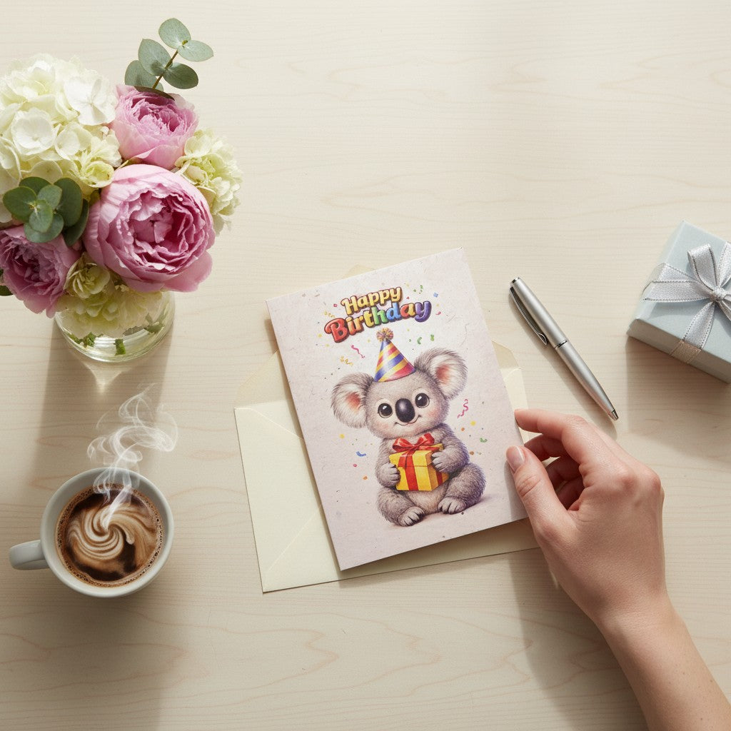 Lokta Cards birthday greeting card featuring a cute koala wearing a party hat and holding a gift.