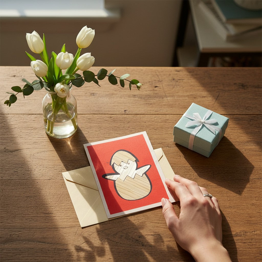 Lokta Cards hand-carved chick in eggshell greeting card, red background, blank inside.