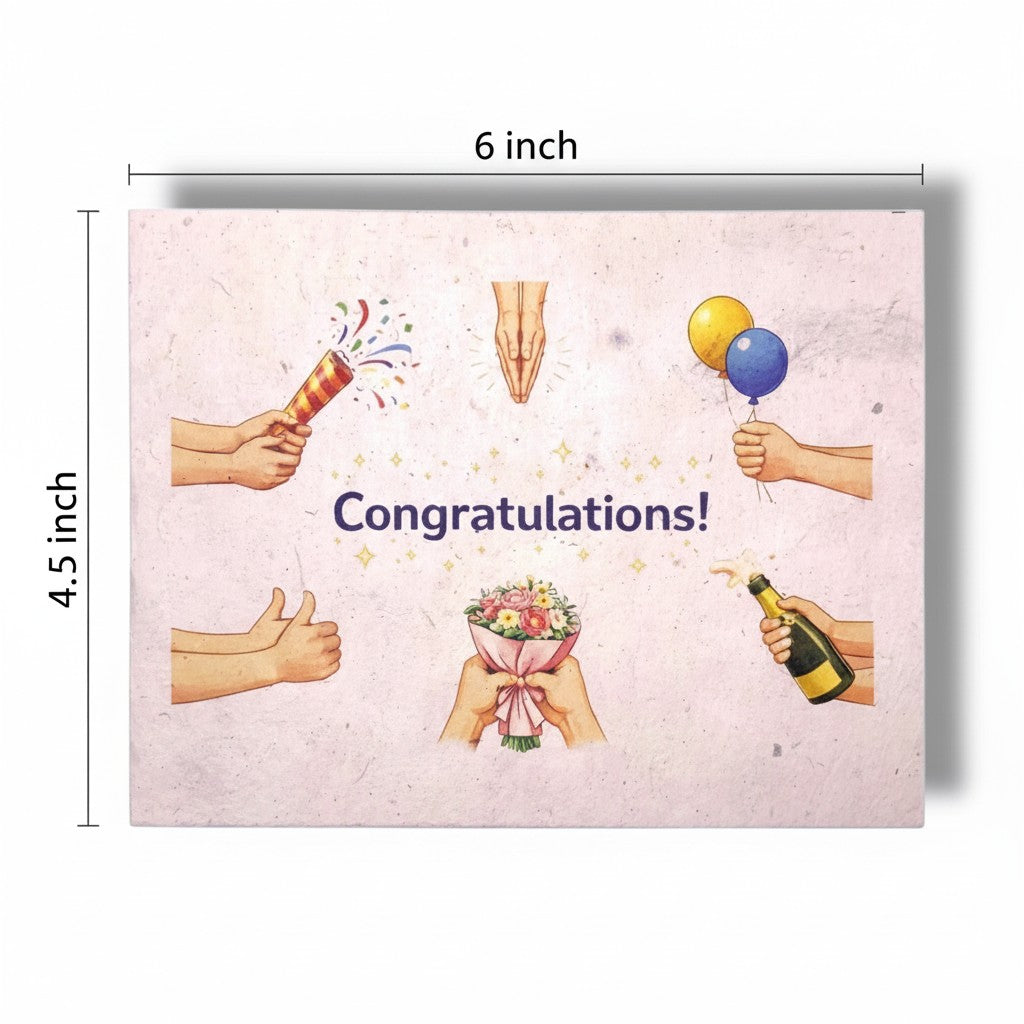 Lokta Cards handmade congratulations greeting card with champagne, balloons, bouquet, and party popper.