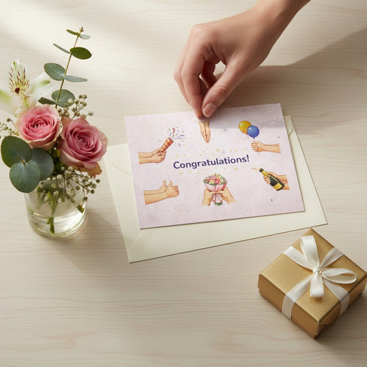 Lokta Cards handmade congratulations greeting card with champagne, balloons, bouquet, and party popper.