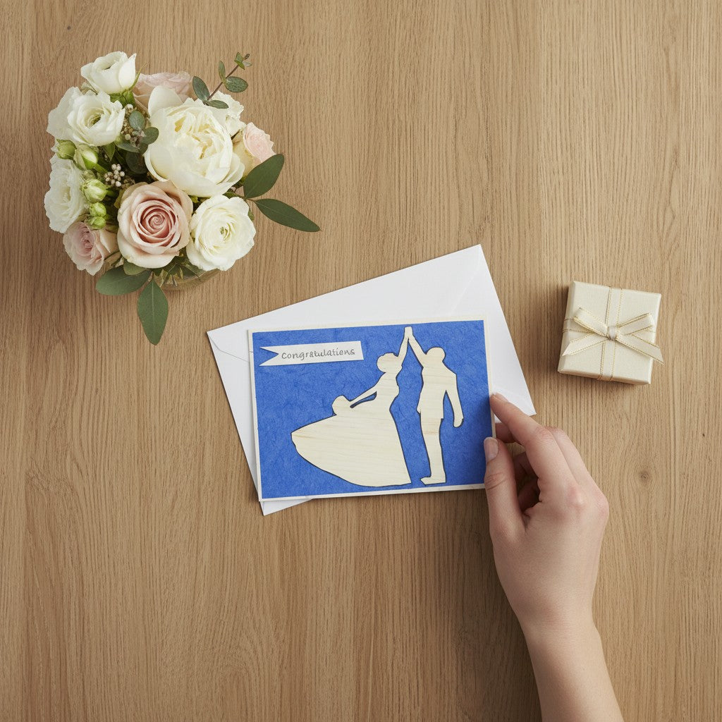 Lokta Cards hand-carved couple dance card with 'Congratulations' banner on blue textured paper.