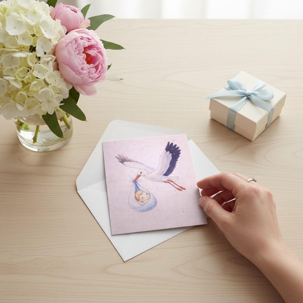 Lokta Cards delivery stork greeting card with a baby in a blue bundle. Handmade, sustainable Lokta paper.
