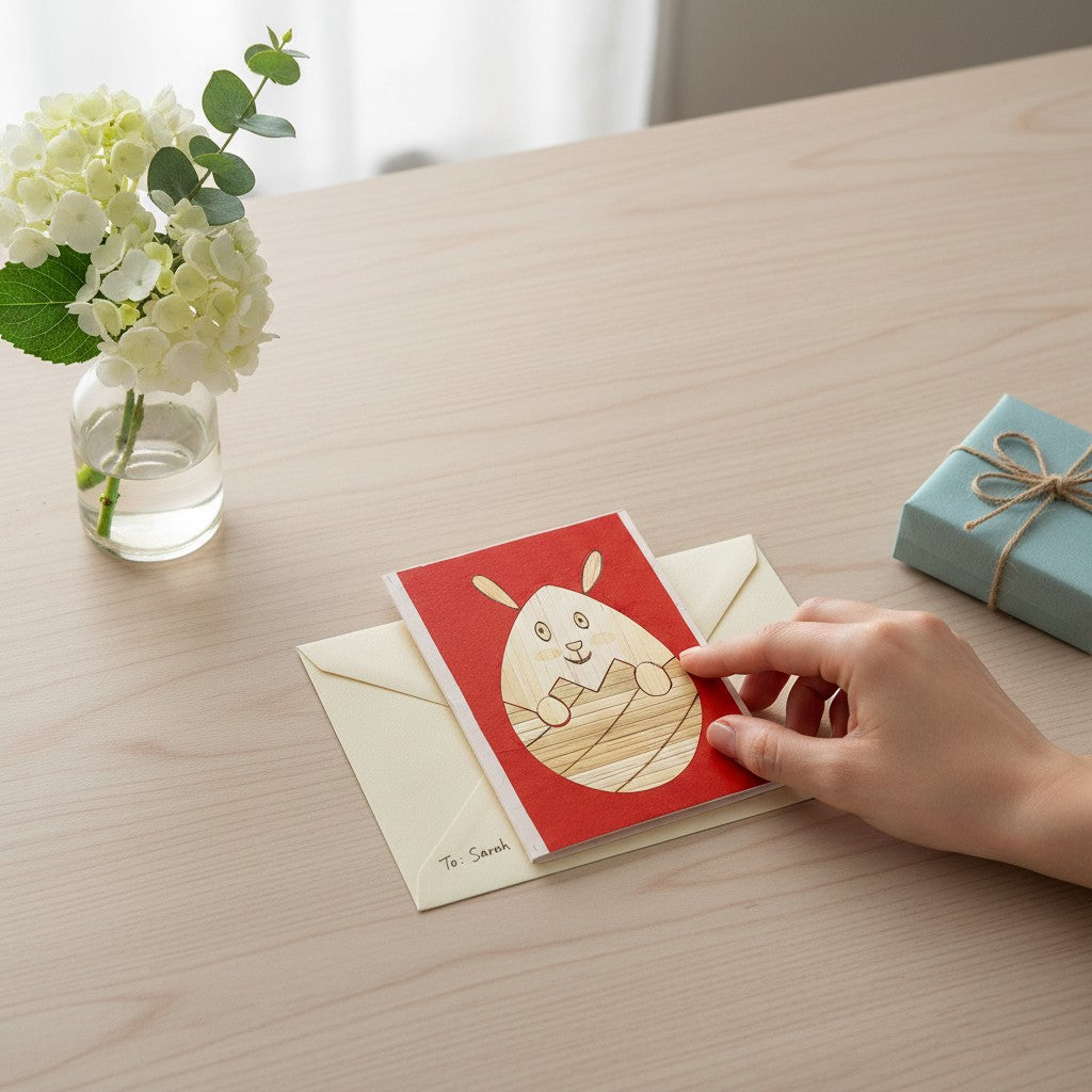 Lokta Cards Easter Bunny II hand-carved greeting card with a red background and a bunny emerging from an egg.