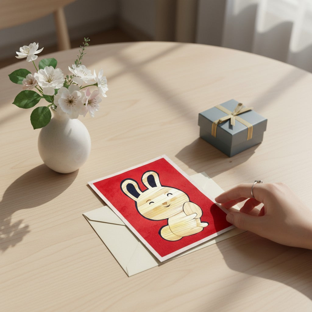 Lokta Cards Easter Bunny hand-carved greeting card with egg, red background, handmade from natural fibers.