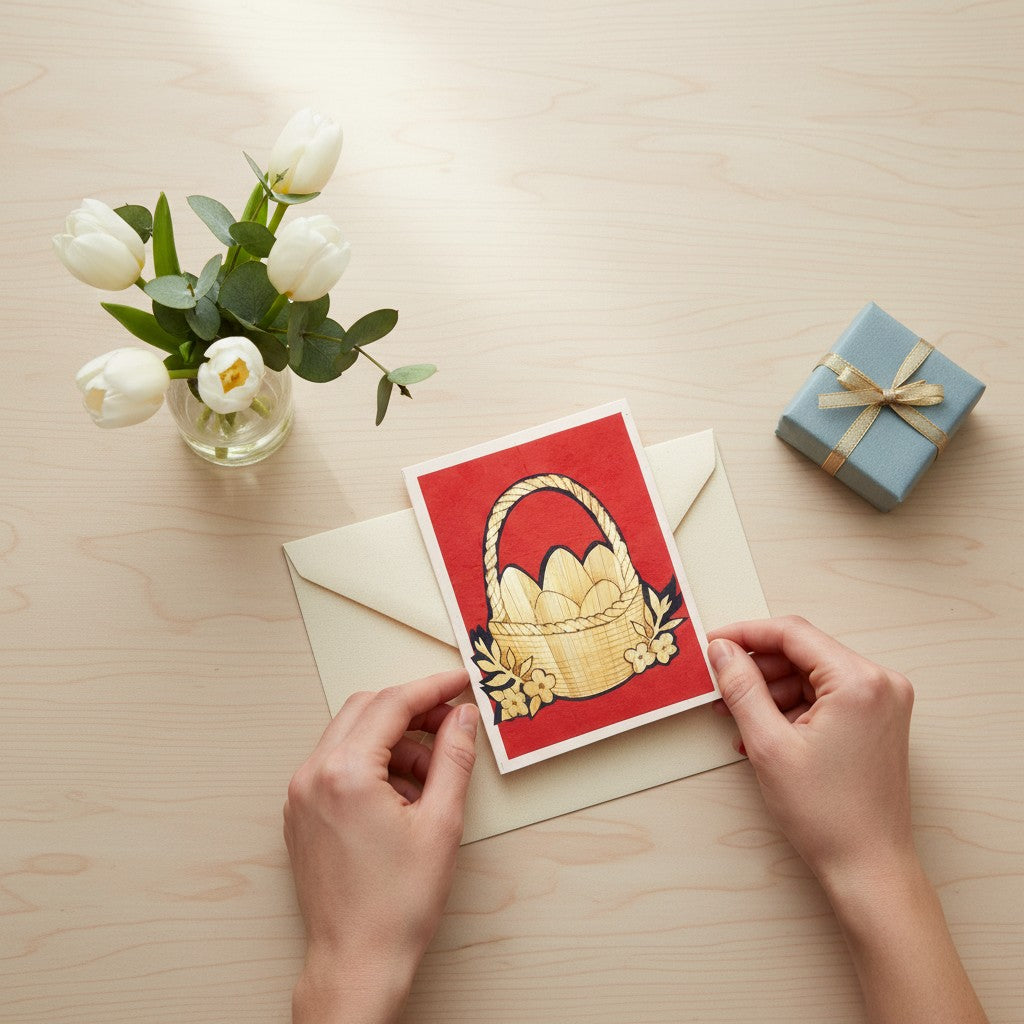 Lokta Cards Easter egg basket greeting card, hand-carved with straw texture on red background.