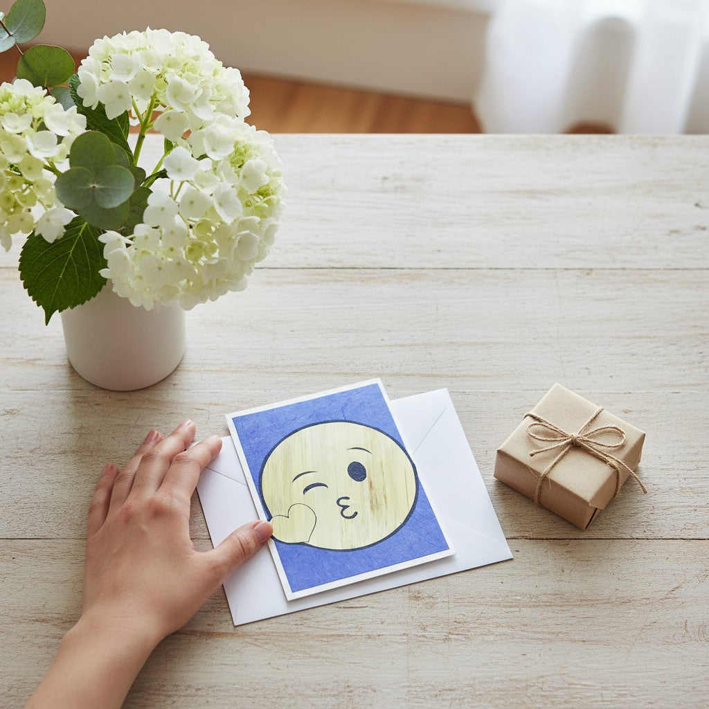 Lokta Cards winking kissing emoji card, handmade from natural Lokta paper with a blue textured background.