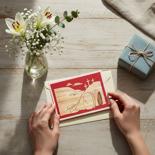 Lokta Cards hand-carved greeting card depicting the Empty Tomb with three crosses and clouds, made from natural Lokta paper.