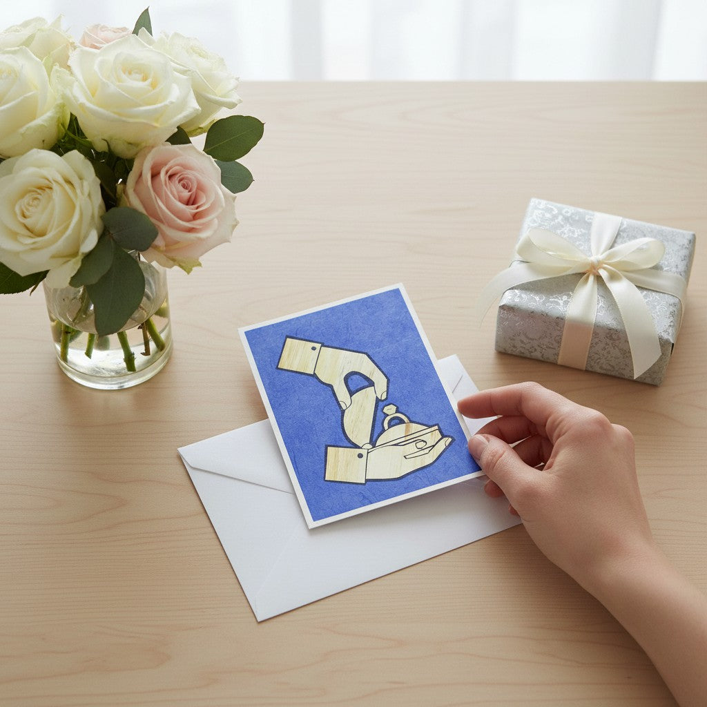 Lokta Cards engagement card featuring a hand presenting a ring in a box on a textured blue background.