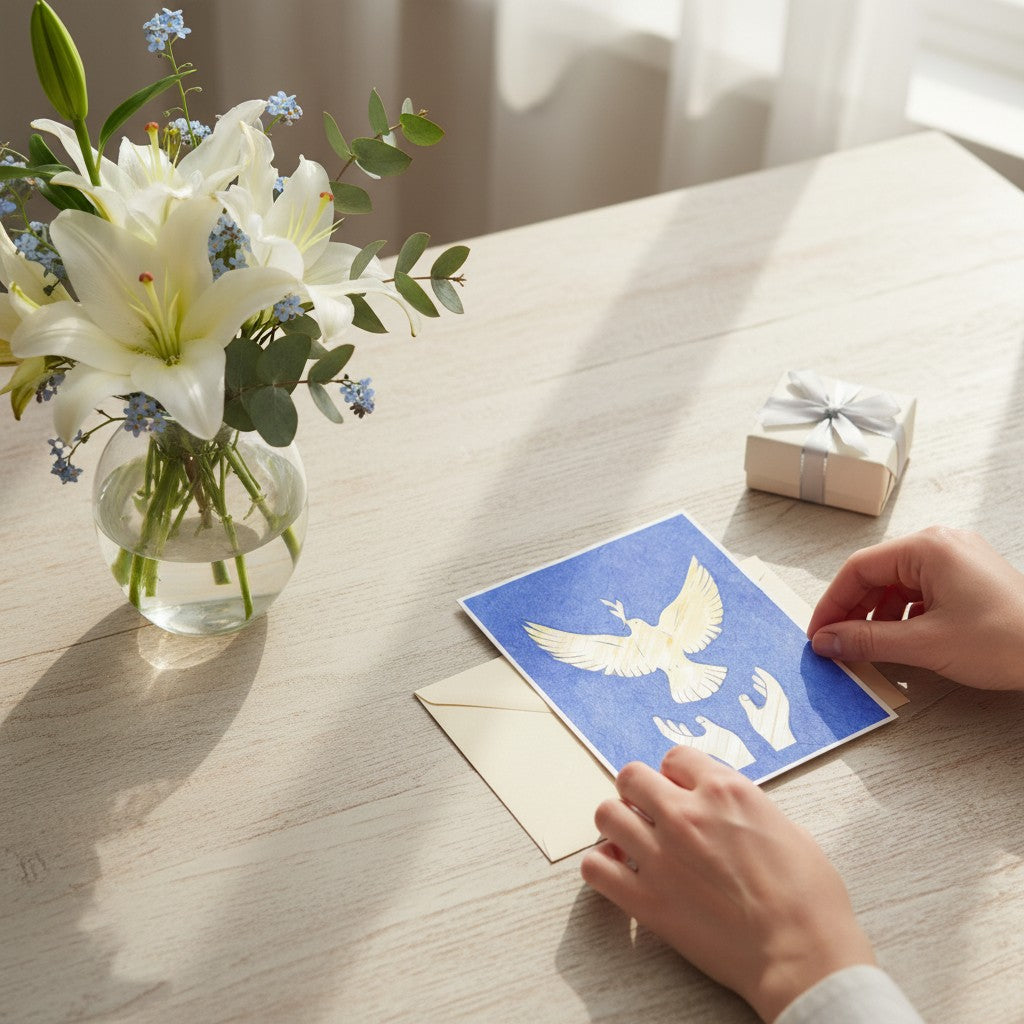 Lokta Cards Free Bird hand carved greeting card with dove and hands on blue textured paper.