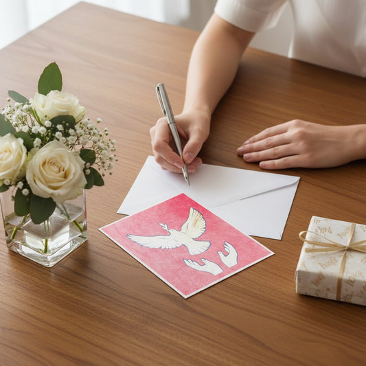 Lokta Cards Free Bird hand carved greeting card with dove and hands on red textured paper.