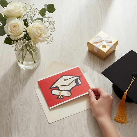 Lokta Cards graduation cap and scroll greeting card, hand-carved on red Lokta paper.