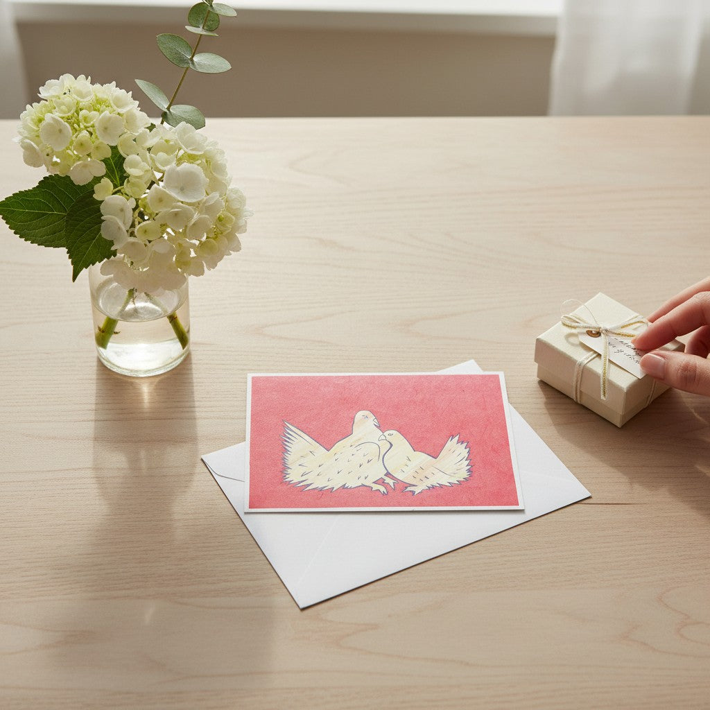 Lokta Cards hand-carved greeting card featuring two yellow doves on a textured red background. Blank inside.