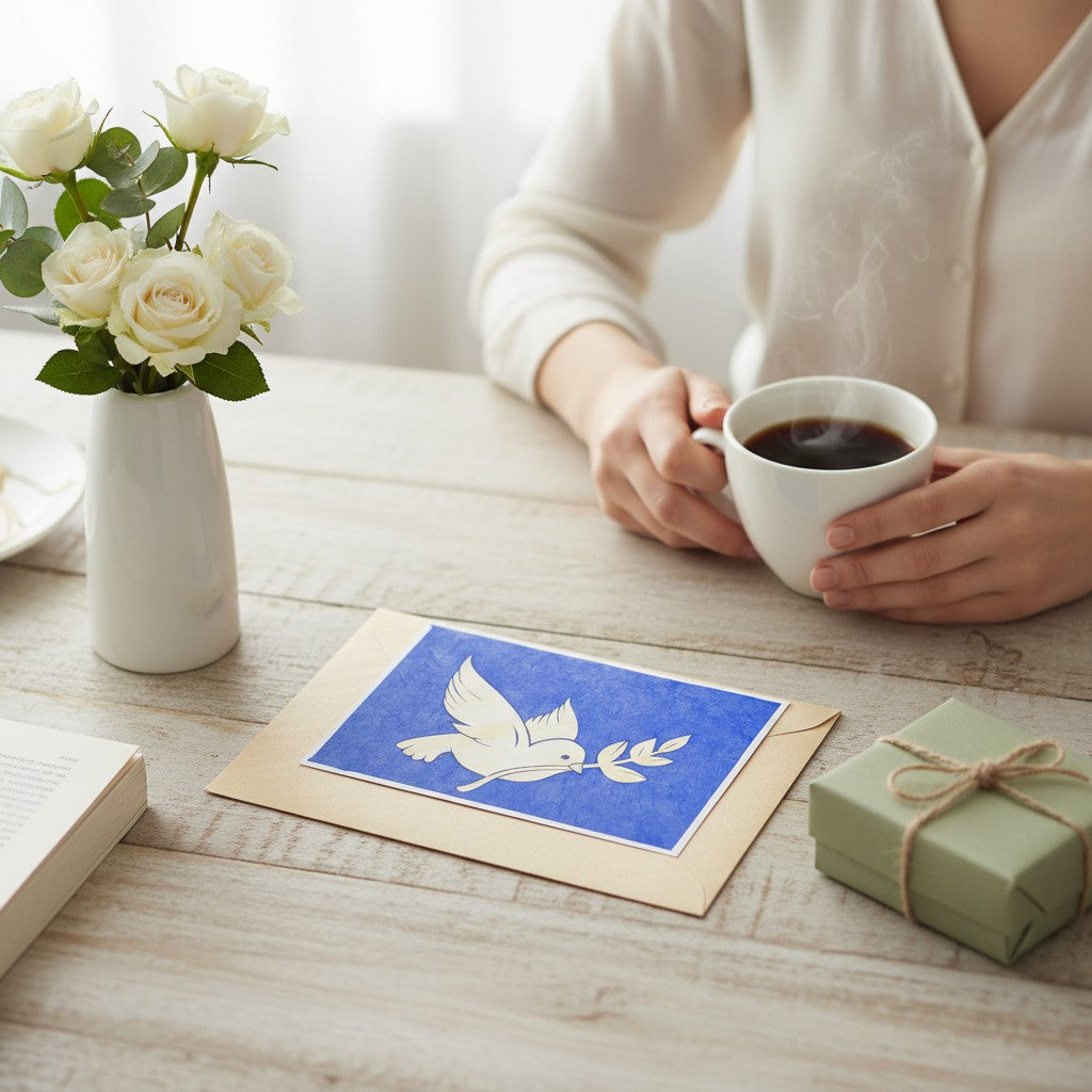 Lokta Cards hand-carved bird with olive branch on blue textured paper, all occasion greeting card.