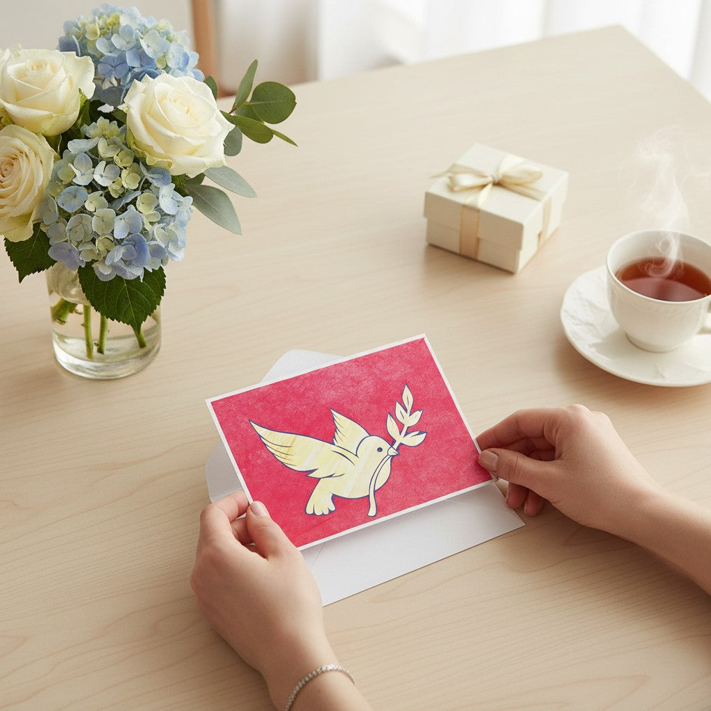 Lokta Cards hand-carved greeting card featuring a yellow dove with an olive branch against a textured red background.