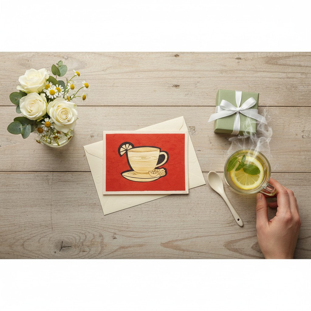 Lokta Cards hand-carved tea cup with lemon slice on red textured paper. Unique handmade greeting card.