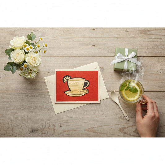 Lokta Cards hand-carved tea cup with lemon slice on red textured paper. Unique handmade greeting card.