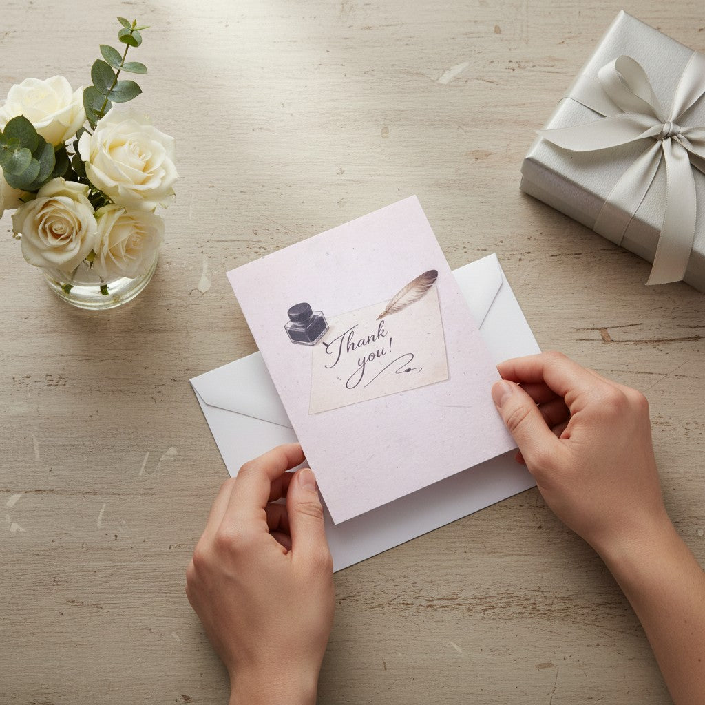 Lokta Cards handmade thank you card with ink bottle and feather quill design on textured pink paper.