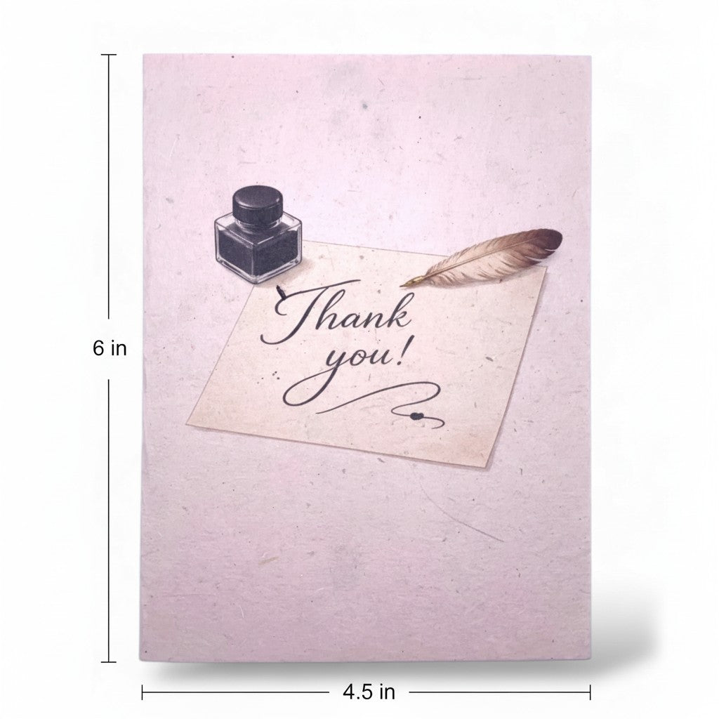 Lokta Cards handmade thank you card with inkwell and feather quill design on textured pink paper.