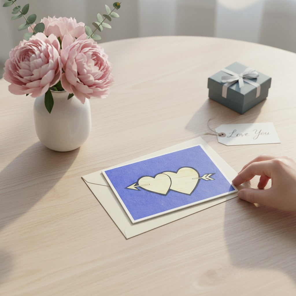 Lokta Cards blue handmade paper card with two carved hearts pierced by an arrow.