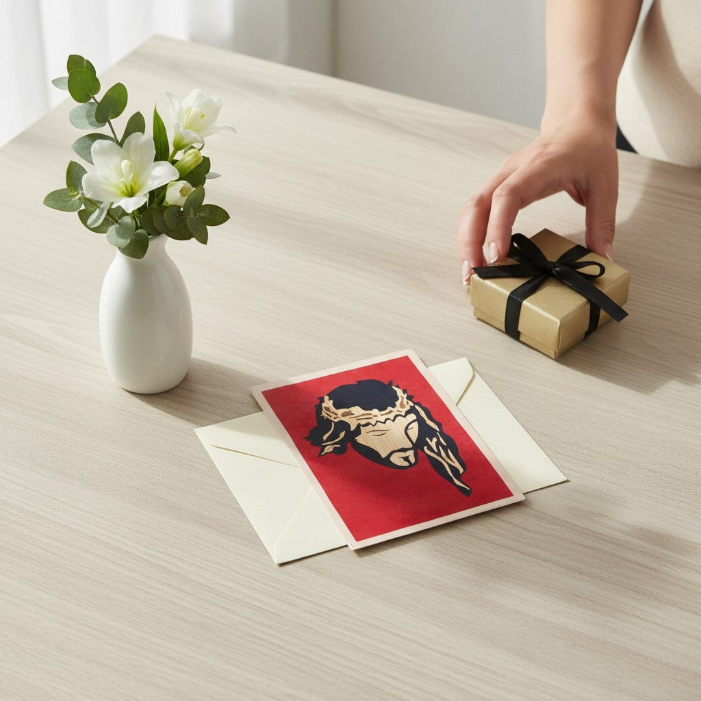 Lokta Cards hand-carved greeting card featuring Jesus with a crown of thorns on a red background. Made from sustainable Lokta paper.