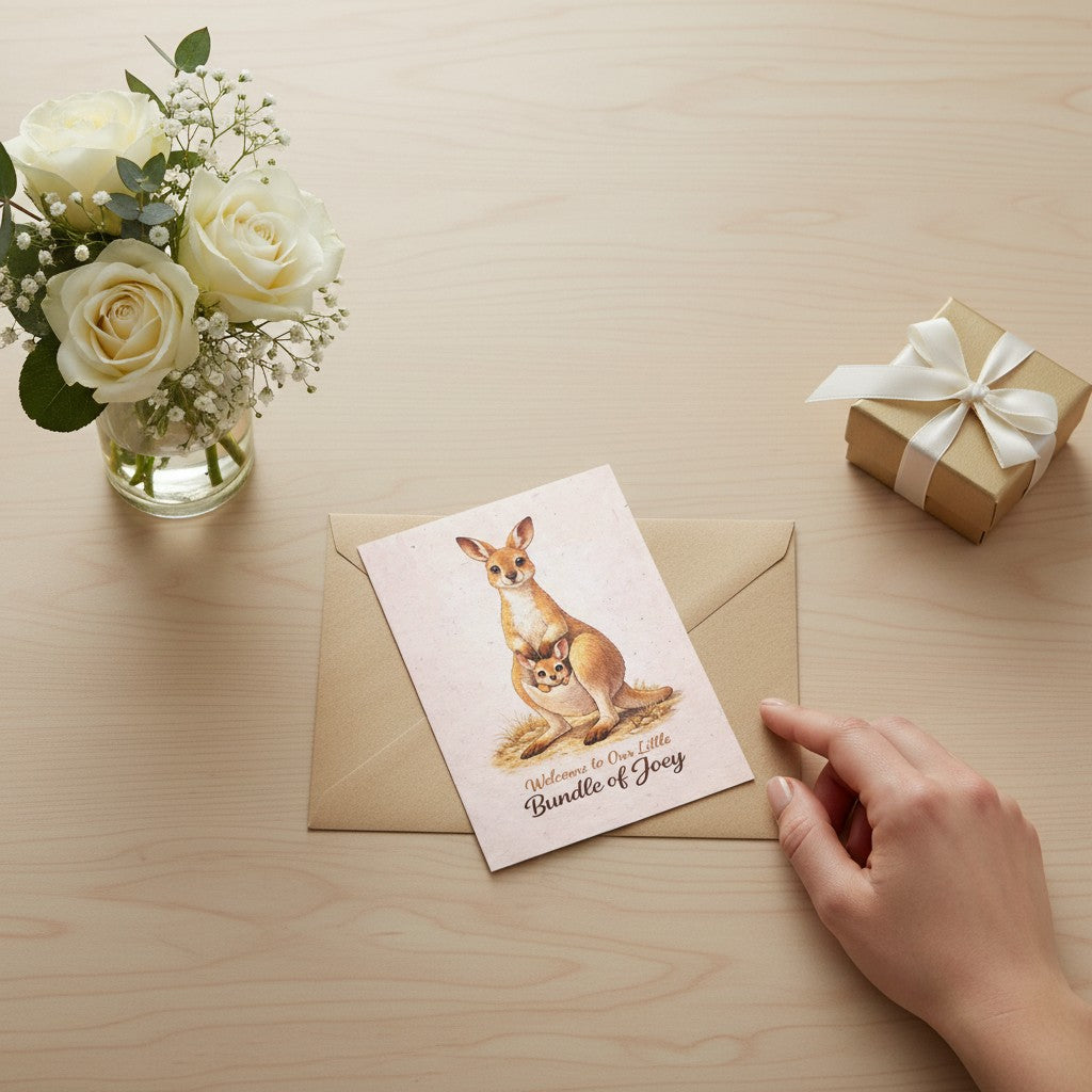 Lokta Cards: A cute kangaroo with a joey in her pouch, on handmade textured paper. Text reads "Welcome to Our Little Bundle of Joey".