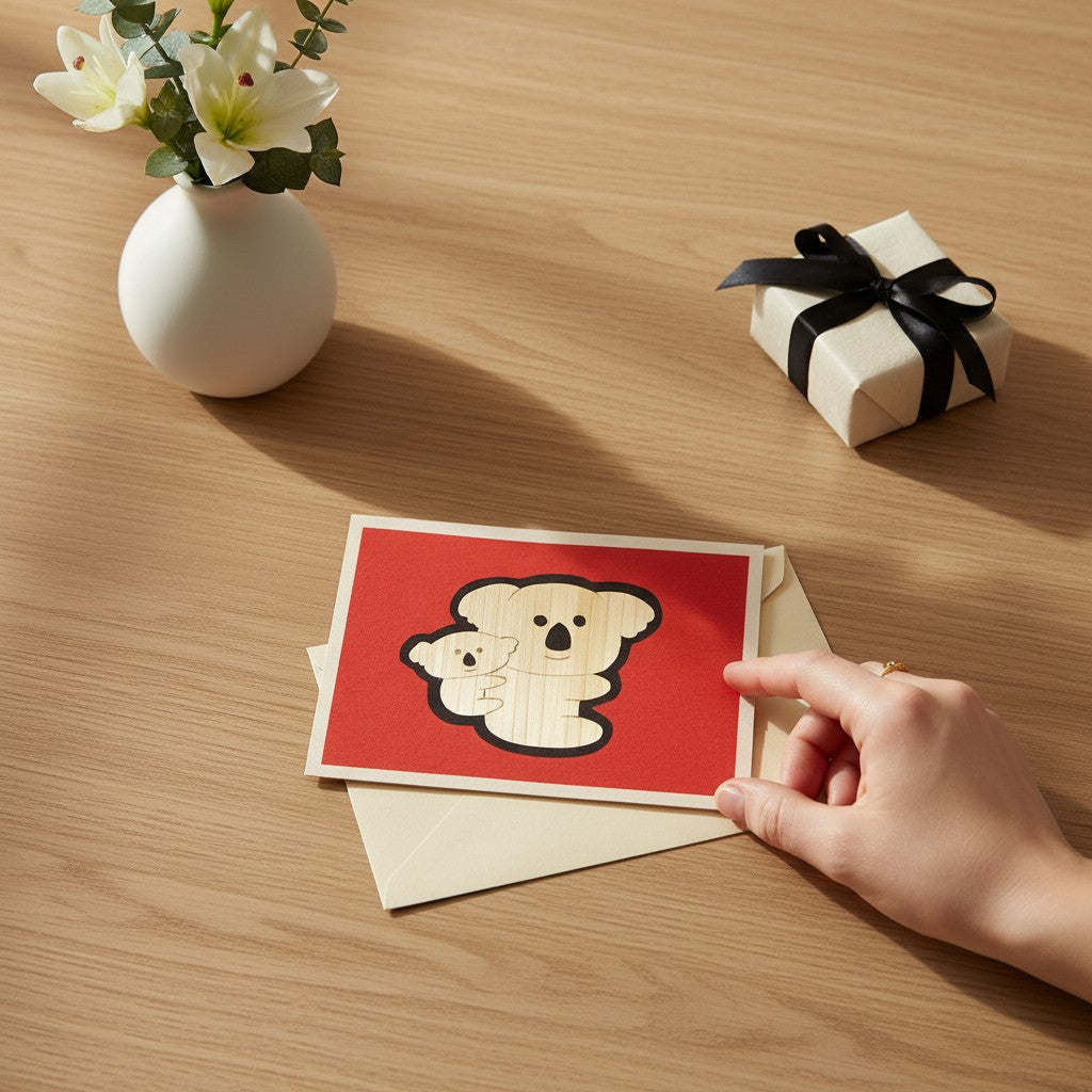 Lokta Cards hand-carved greeting card featuring a mother and baby koala on a red background.