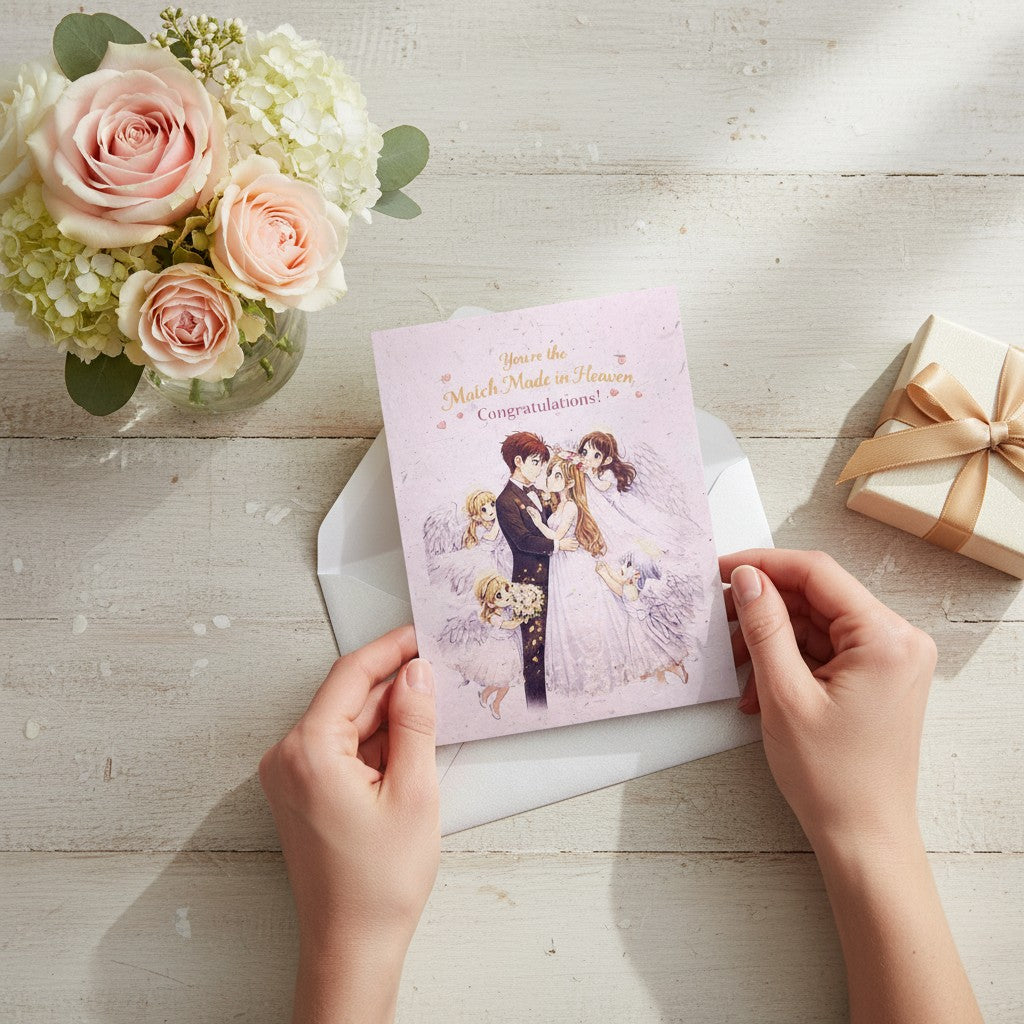 Lokta Cards "Match Made In Heaven" congratulations card featuring a bride and groom with angelic figures. Handmade Lokta paper.