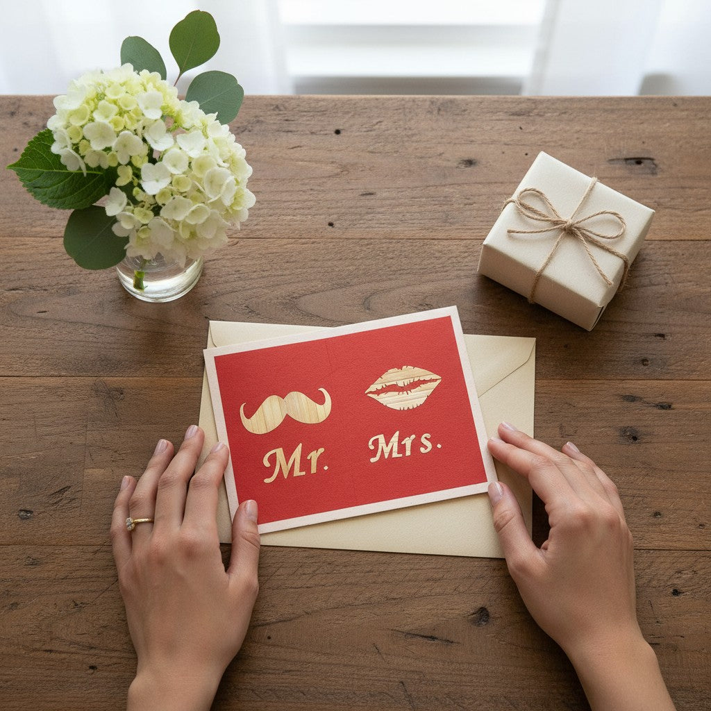 Lokta Cards Mr. & Mrs. hand-carved greeting card with mustache and lips design on red textured paper.