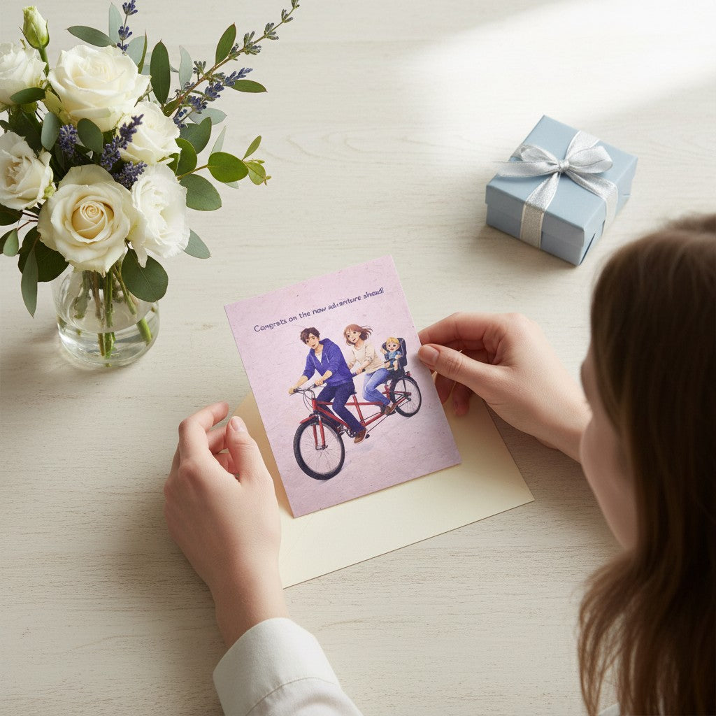 Lokta Cards new adventure greeting card with illustration of a family on a tandem bike. "Congrats on the new adventure ahead!"
