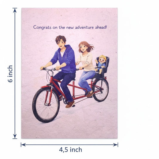 Lokta Cards new adventure greeting card with illustration of a family on a tandem bike. Features text 'Congrats on the new adventure ahead!'