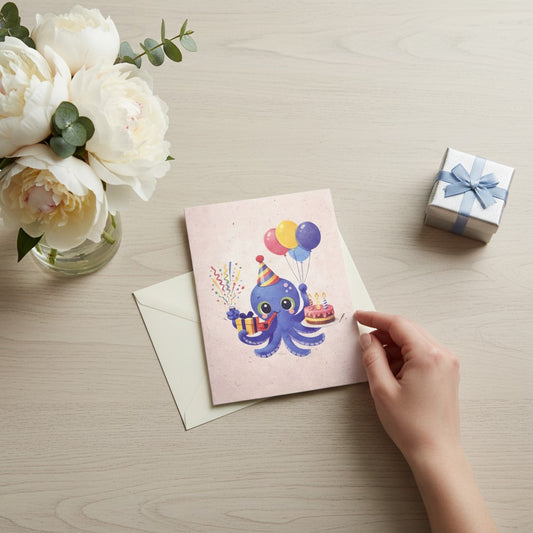 Lokta Cards blue octopus wearing a party hat, holding a gift and cake, with balloons and confetti. Birthday card.
