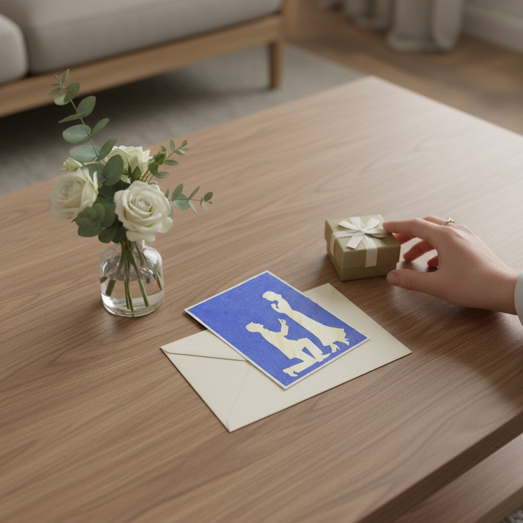 Lokta Cards proposal greeting card, hand-carved silhouette of a man proposing to a woman on blue textured paper.