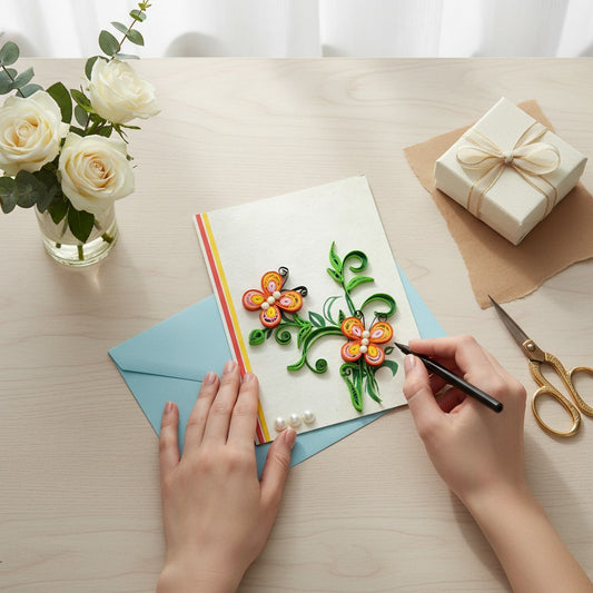 Lokta Cards handmade quilled butterfly greeting card with orange, pink, and yellow flowers on textured paper.