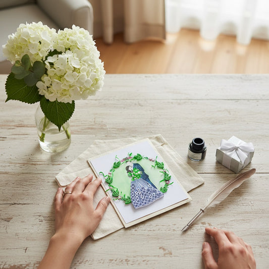 Lokta Cards handmade quilling wedding card featuring a couple in formal attire, adorned with a floral wreath and pearl accents.