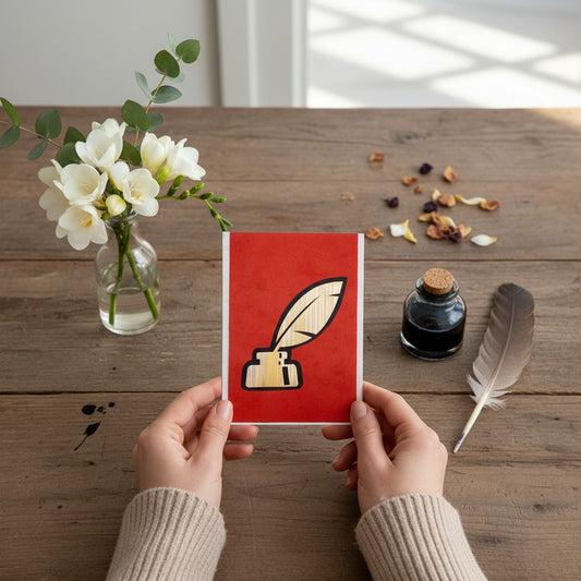 Lokta Cards red hand-carved greeting card with gold inkwell and quill design. Blank inside.