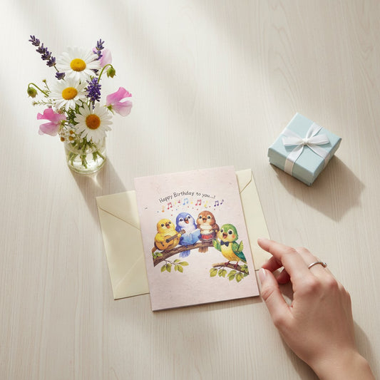 Lokta Cards handmade birthday card with four singing birds on a branch, one playing guitar, one reading music, one drumming.