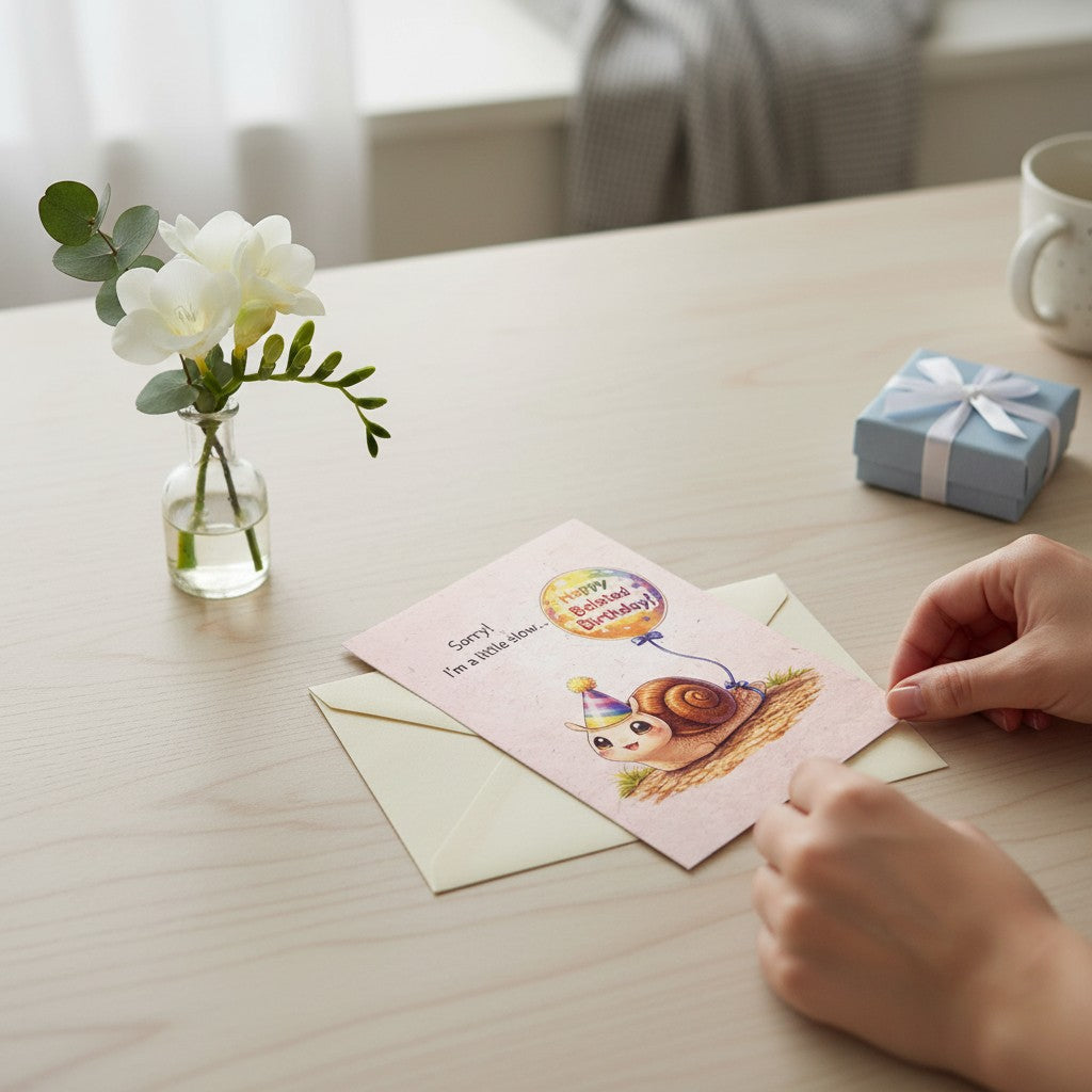 Lokta Cards Snail belated birthday greeting card with a cute snail wearing a party hat and holding a rainbow balloon.