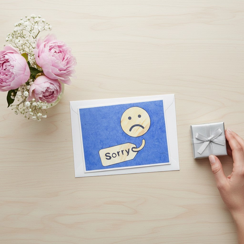 Lokta Cards blue textured paper apology card with hand-carved sad face and 'Sorry' tag.