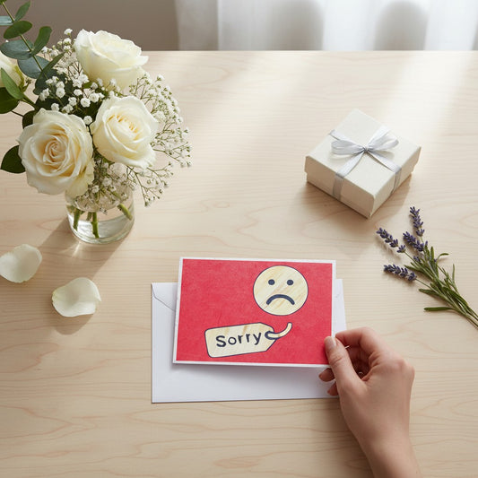 Lokta Cards red handmade paper card with a sad face and a 'Sorry' tag, perfect for apologies.