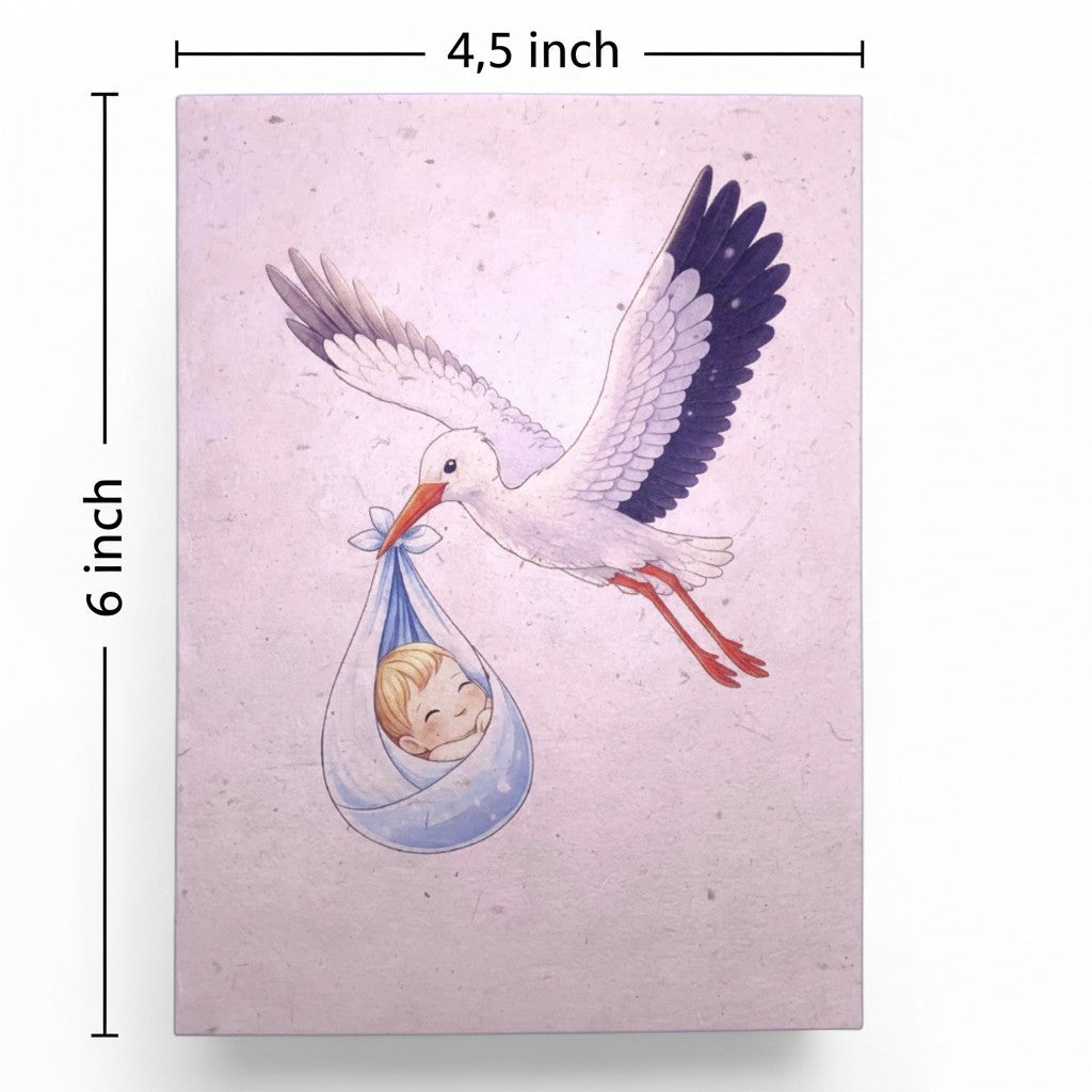 Lokta Cards handmade greeting card featuring a stork carrying a baby in a blue bundle, perfect for new parents.