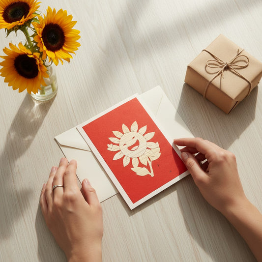 Lokta Cards hand-carved sunflower greeting card with a smiling face and a small heart on a red background.