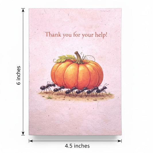 Lokta Cards thank you greeting card with ants carrying a pumpkin. Handmade Lokta paper.
