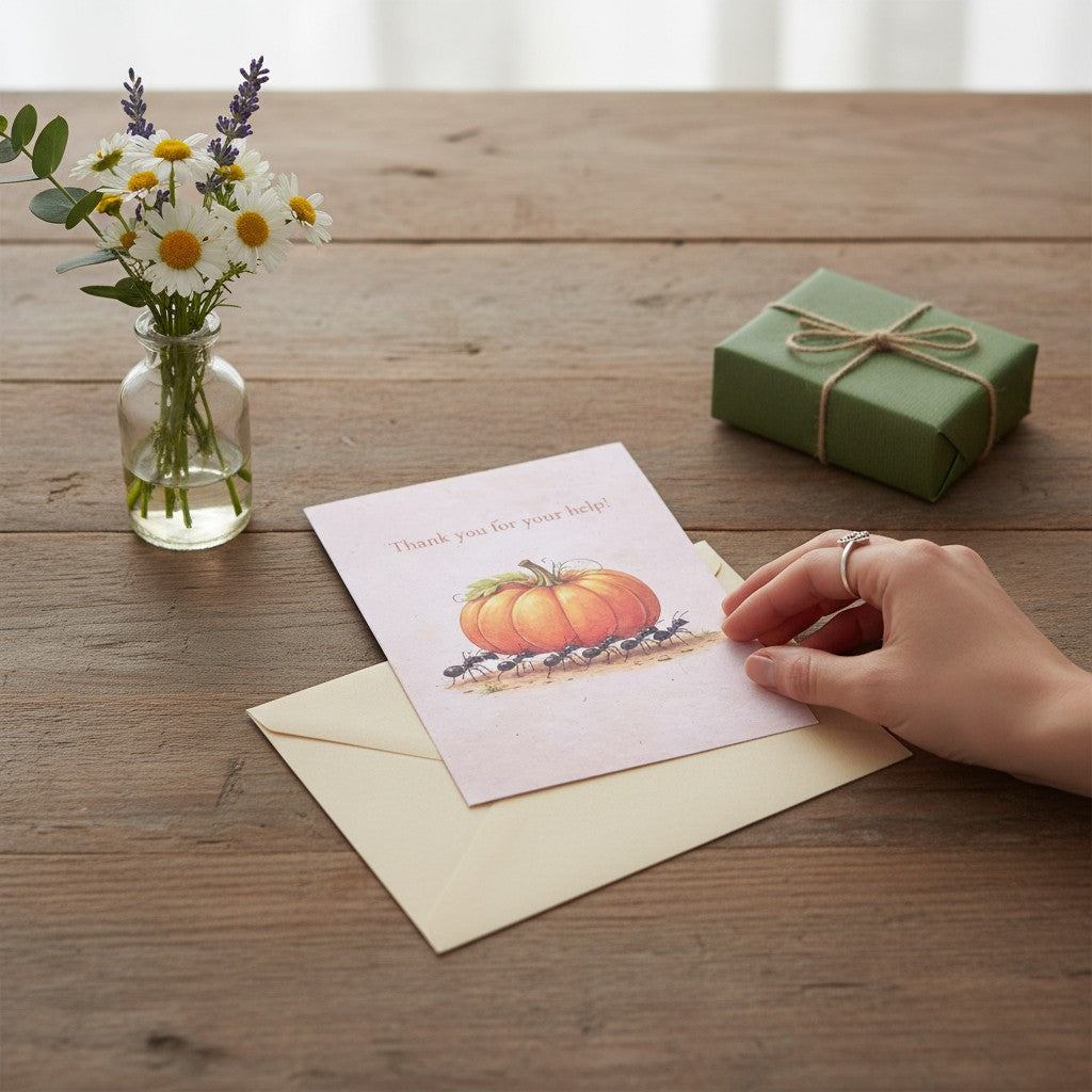 Lokta Cards thank you greeting card with ants carrying a pumpkin on textured pink paper.