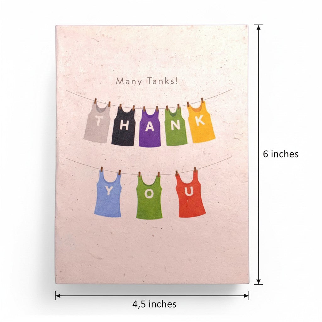 Lokta Cards thank you greeting card with colorful tanks spelling out "THANK YOU" on a clothesline.