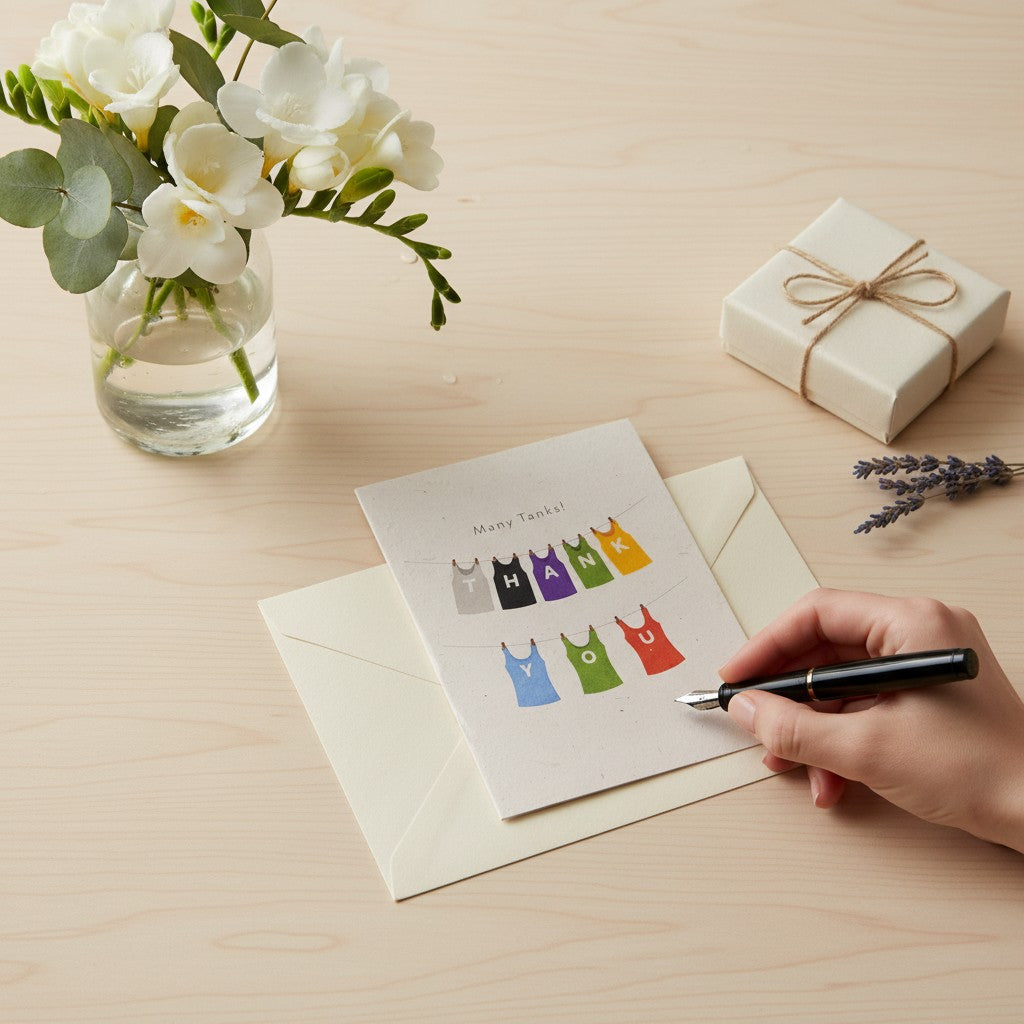 Lokta Cards thank you greeting card with colorful tanks spelling out 'THANK YOU' hanging on a clothesline.
