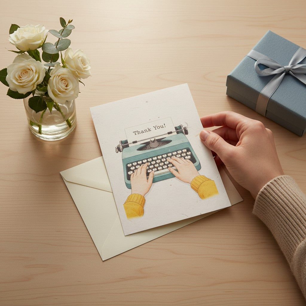 Lokta Cards handmade greeting card featuring a teal typewriter with "Thank You!" on the paper and hands typing.
